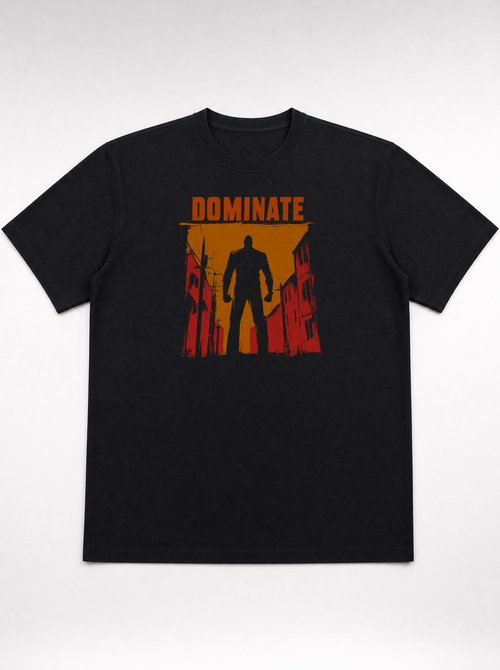 gravisk Dominate organic graphic tee. A lone silhouette in a burning amber street, DOMINATE in heavy caps above.