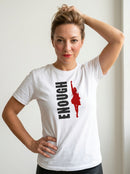 gravisk Enough organic graphic tee. Vertical ENOUGH type beside a red silhouette with a raised fist.