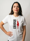 gravisk Enough organic graphic tee. Vertical ENOUGH type beside a red silhouette with a raised fist.
