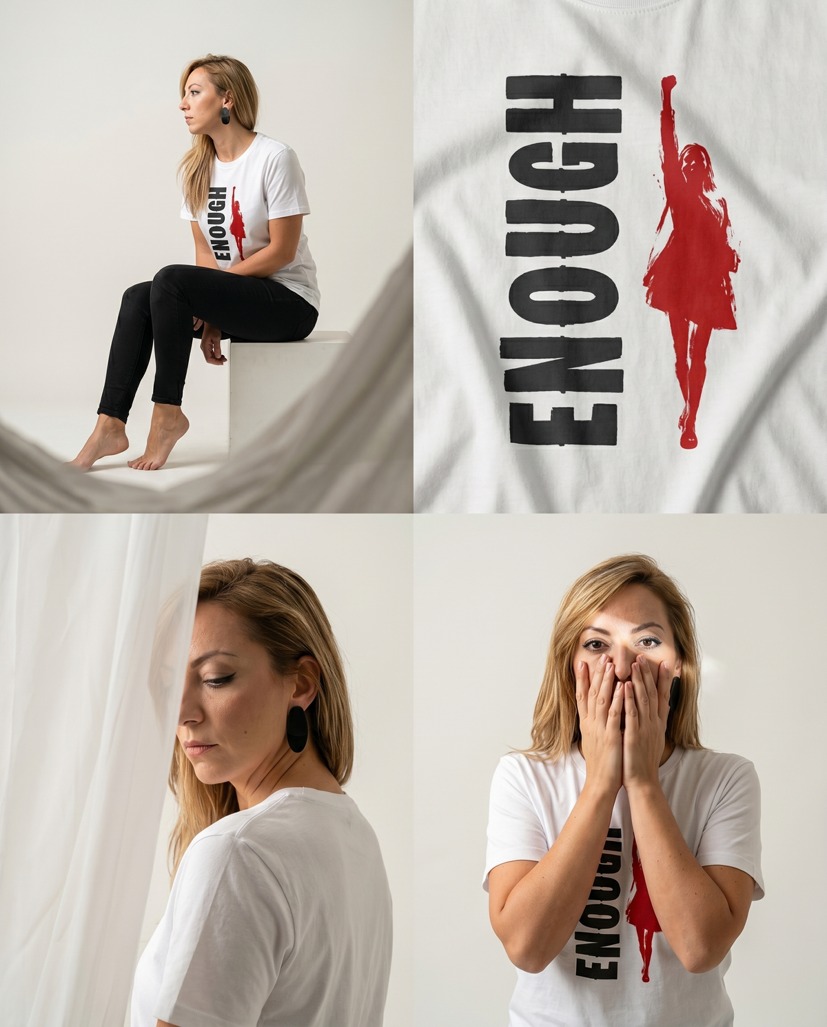 gravisk Enough organic graphic tee. Vertical ENOUGH type beside a red silhouette with a raised fist.