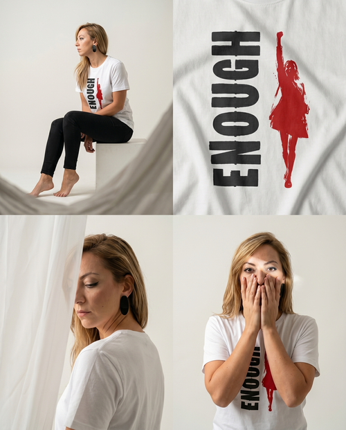 gravisk Enough organic graphic tee. Vertical ENOUGH type beside a red silhouette with a raised fist.
