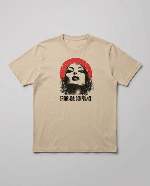 gravisk Error 404: Compliance organic graphic tee. Distressed portrait in a red circle, monospace ERROR 404: COMPLIANCE type.