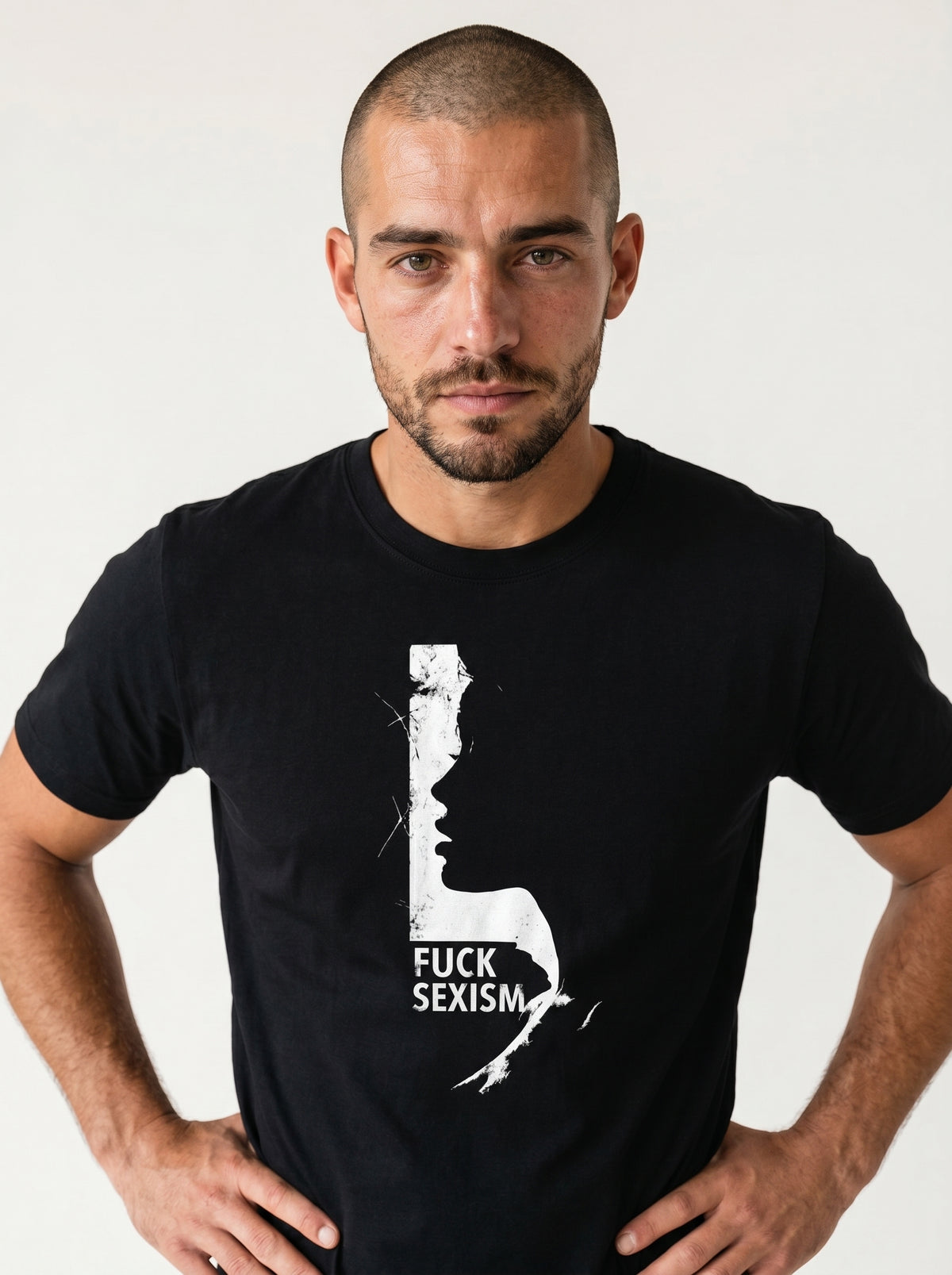 gravisk F*ck Sexism organic graphic tee. Distressed white profile silhouette with FUCK SEXISM set inside it.