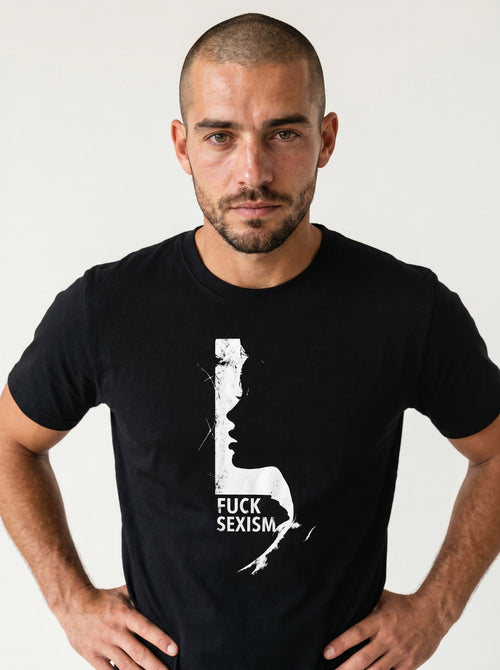 gravisk F*ck Sexism organic graphic tee. Distressed white profile silhouette with FUCK SEXISM set inside it.