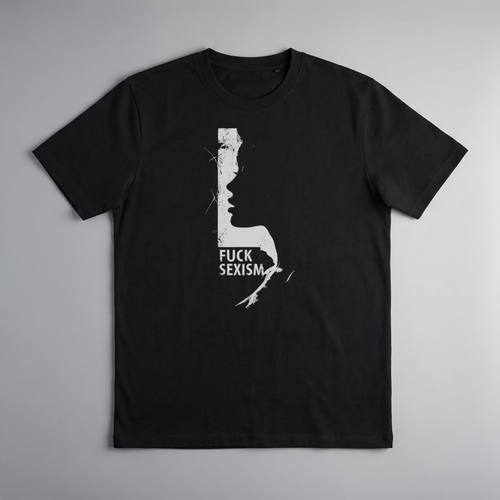 gravisk F*ck Sexism organic graphic tee. Distressed white profile silhouette with FUCK SEXISM set inside it.