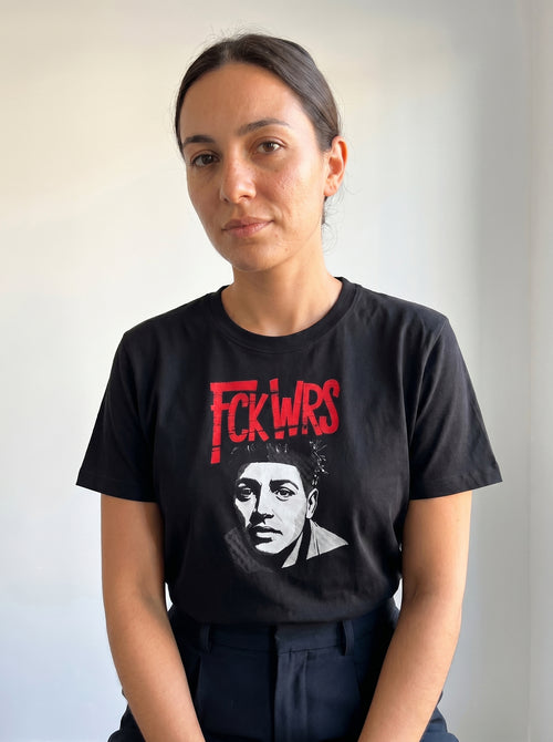 gravisk FCK WRS organic graphic tee. Raw half-tone portrait under spray-red FCK WRS type.