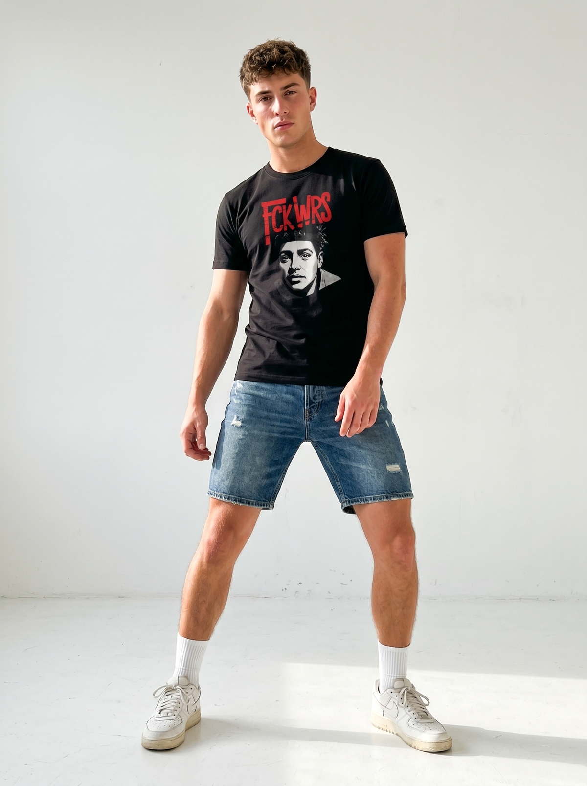 gravisk FCK WRS organic graphic tee. Raw half-tone portrait under spray-red FCK WRS type.