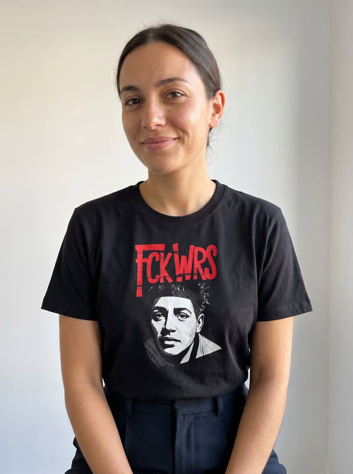 gravisk FCK WRS organic graphic tee. Raw half-tone portrait under spray-red FCK WRS type.
