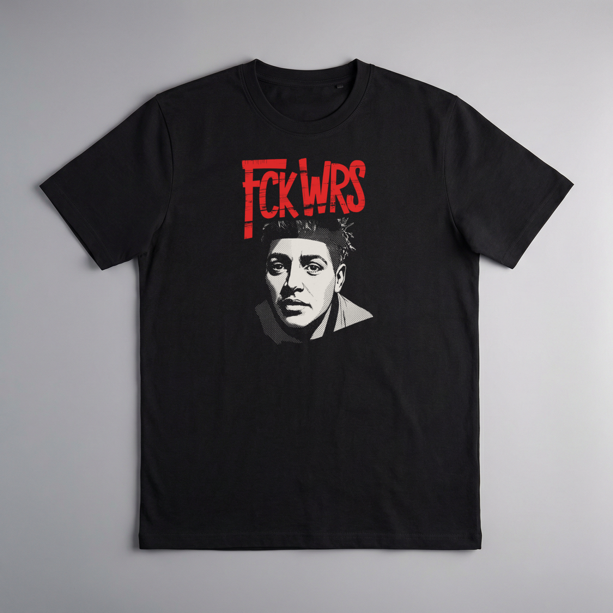 gravisk FCK WRS organic graphic tee. Raw half-tone portrait under spray-red FCK WRS type.