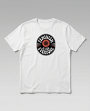 gravisk Feminism Is for Everyone organic graphic tee. Circular emblem with a coral flower and curved FEMINISM IS FOR EVERYONE type.