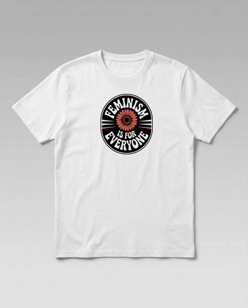 gravisk Feminism Is for Everyone organic graphic tee. Circular emblem with a coral flower and curved FEMINISM IS FOR EVERYONE type.