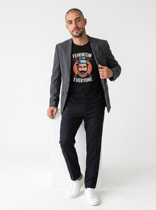 gravisk Feminism Is for Everyone organic graphic tee. A bearded man in a hat against a retro sun, knitting needles below, EVERYONE.