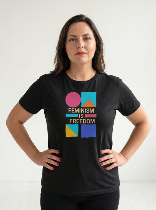 gravisk Feminism Is Freedom organic graphic tee. Bauhaus shapes in pink, teal, yellow and cobalt around cream FEMINISM IS FREEDOM type.