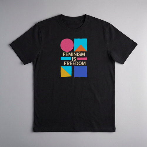 gravisk Feminism Is Freedom organic graphic tee. Bauhaus shapes in pink, teal, yellow and cobalt around cream FEMINISM IS FREEDOM type.