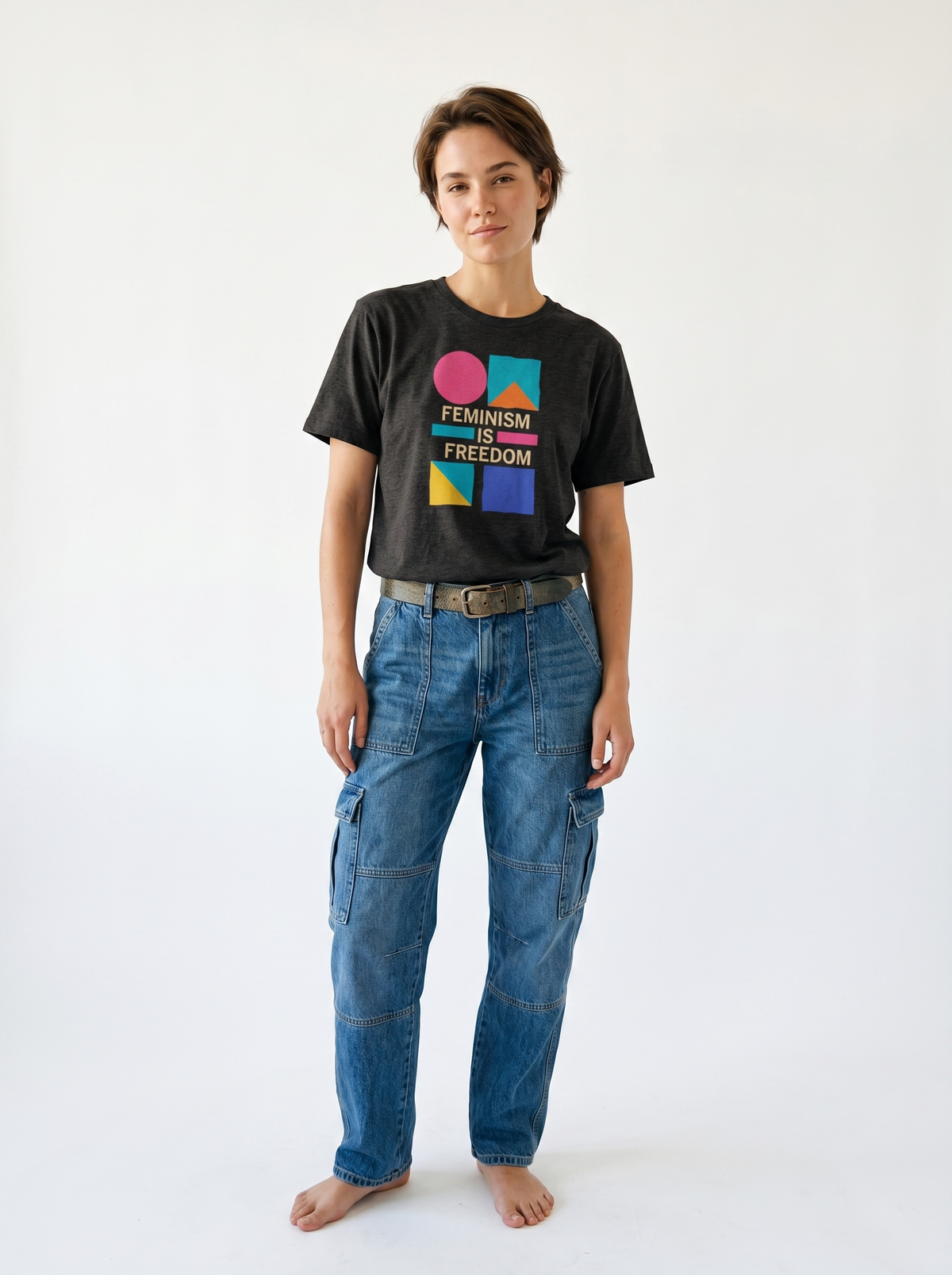 gravisk Feminism Is Freedom organic graphic tee. Bauhaus shapes in pink, teal, yellow and cobalt around cream FEMINISM IS FREEDOM type.