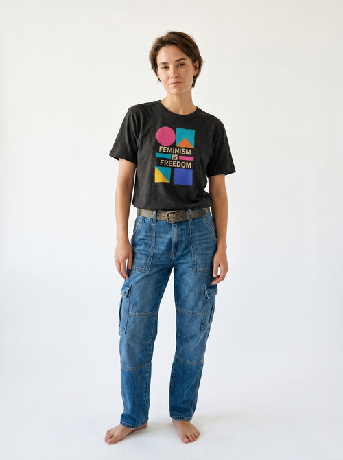 gravisk Feminism Is Freedom organic graphic tee. Bauhaus shapes in pink, teal, yellow and cobalt around cream FEMINISM IS FREEDOM type.