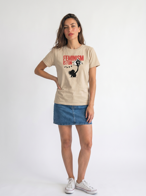 gravisk Feminism Is Fun organic graphic tee. A leaping woman flying a raised-fist kite, red FEMINISM IS FUN type.