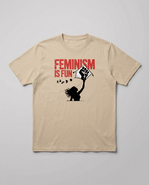 gravisk Feminism Is Fun organic graphic tee. A leaping woman flying a raised-fist kite, red FEMINISM IS FUN type.