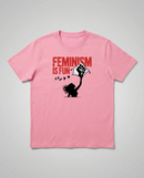 gravisk Feminism Is Fun organic graphic tee. A leaping woman flying a raised-fist kite, red FEMINISM IS FUN type.