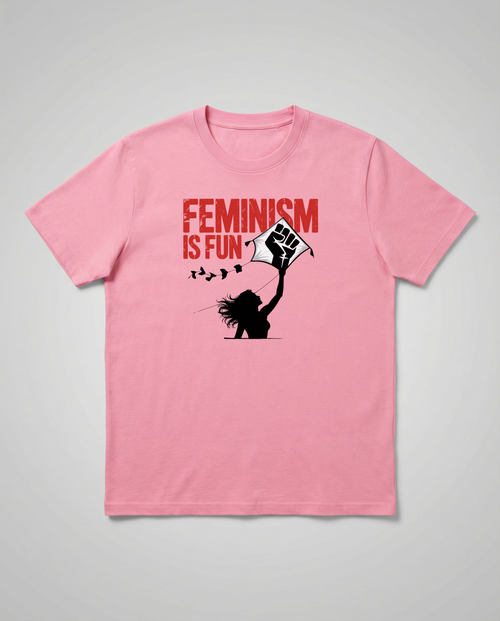 gravisk Feminism Is Fun organic graphic tee. A leaping woman flying a raised-fist kite, red FEMINISM IS FUN type.