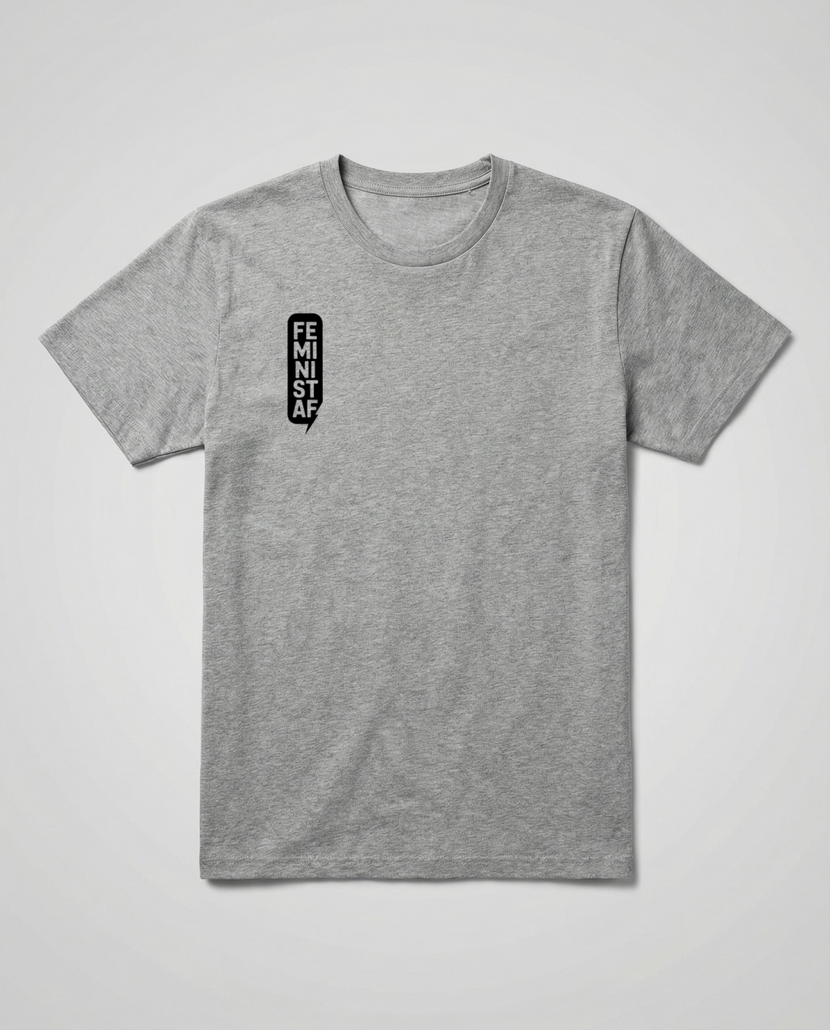gravisk Feminist organic graphic tee. FEMINIST AF stacked in two-letter pairs, small left-chest print.