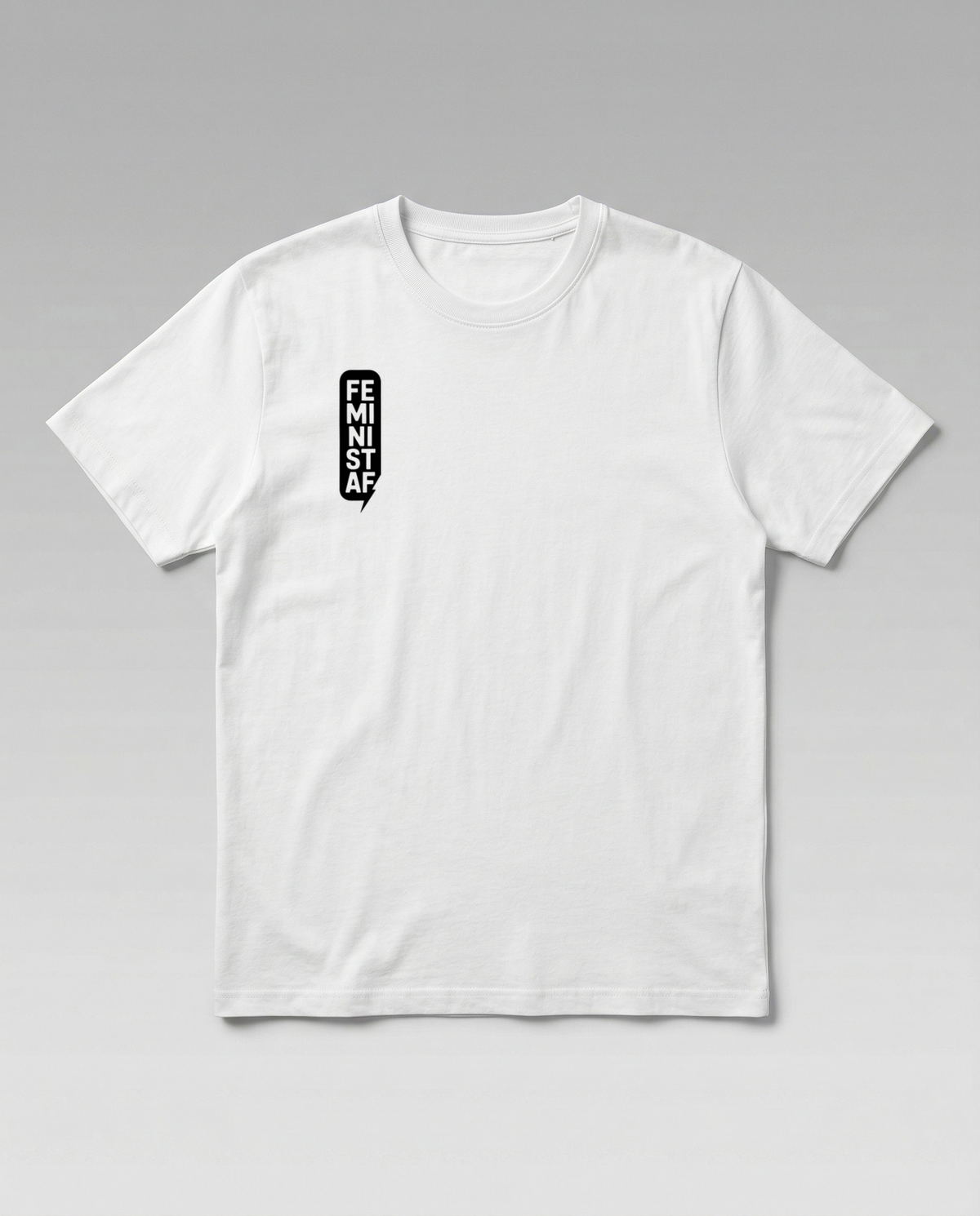 gravisk Feminist organic graphic tee. FEMINIST AF stacked in two-letter pairs, small left-chest print.