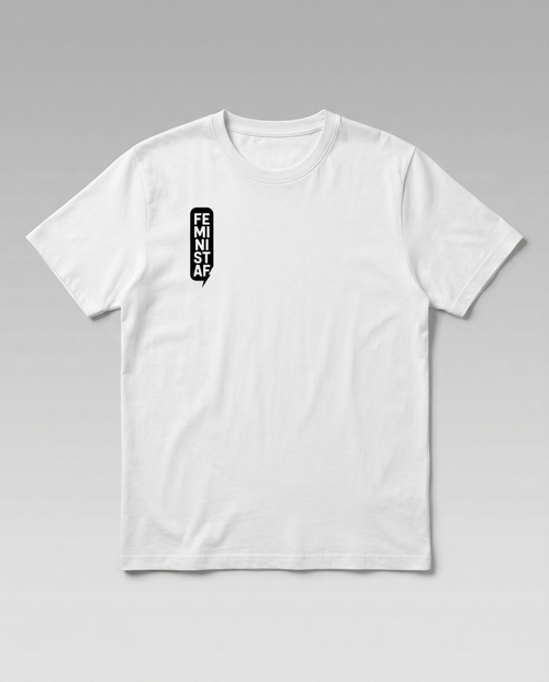 gravisk Feminist organic graphic tee. FEMINIST AF stacked in two-letter pairs, small left-chest print.
