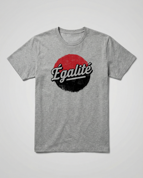 gravisk Égalité organic graphic tee. Égalité in worn script on a distressed red and black circle.