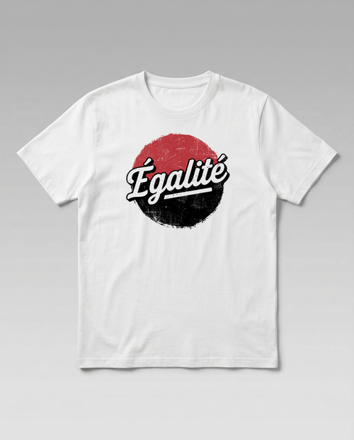gravisk Égalité organic graphic tee. Égalité in worn script on a distressed red and black circle.