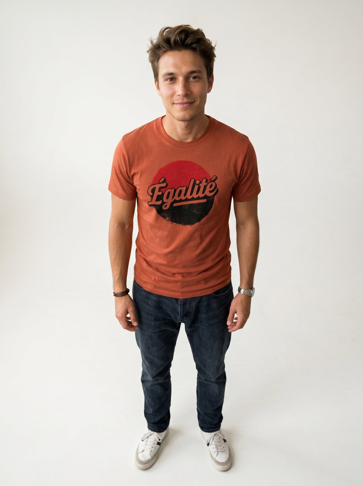 gravisk Égalité organic graphic tee. Égalité in worn script on a distressed red and black circle.