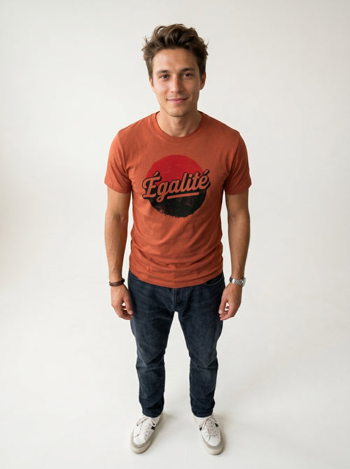 gravisk Égalité organic graphic tee. Égalité in worn script on a distressed red and black circle.