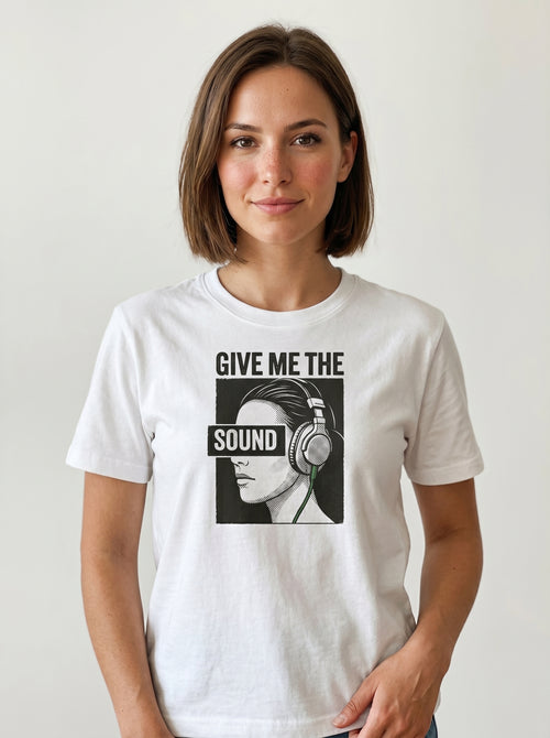 gravisk Give Me the Sound organic graphic tee. Engraving-style portrait in headphones, SOUND as a bar across the eyes.