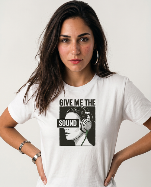 gravisk Give Me the Sound organic graphic tee. Engraving-style portrait in headphones, SOUND as a bar across the eyes.