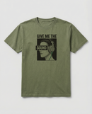 gravisk Give Me the Sound organic graphic tee. Engraving-style portrait in headphones, SOUND as a bar across the eyes.