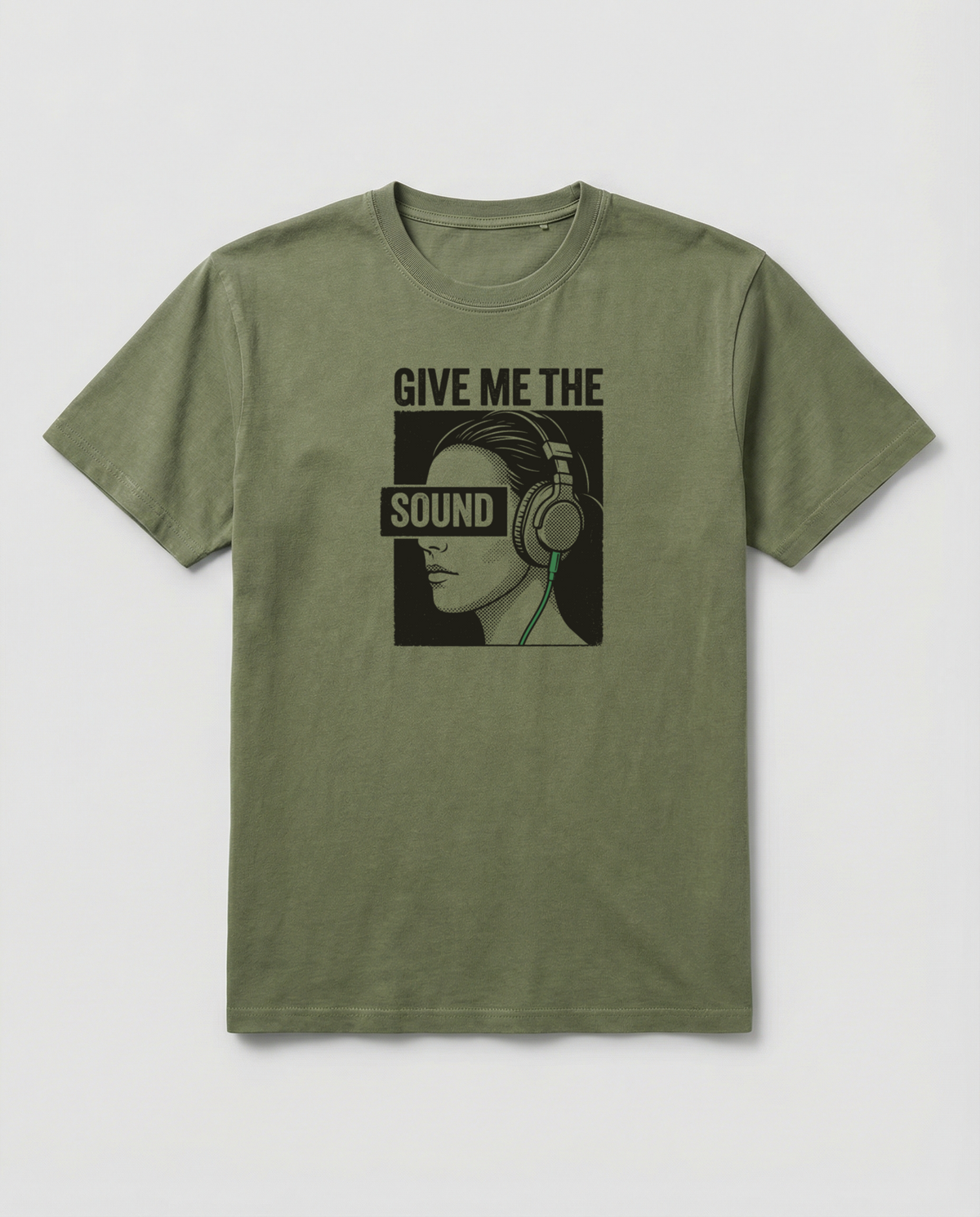 gravisk Give Me the Sound organic graphic tee. Engraving-style portrait in headphones, SOUND as a bar across the eyes.
