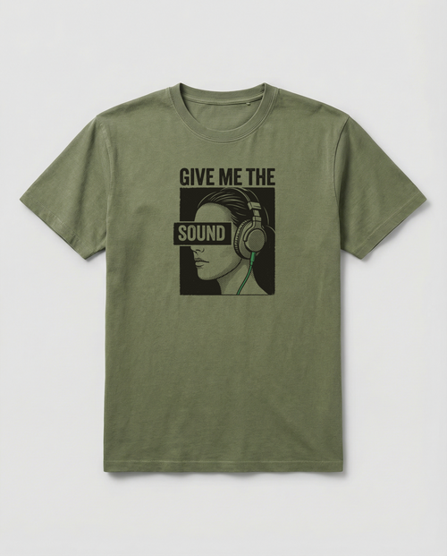 gravisk Give Me the Sound organic graphic tee. Engraving-style portrait in headphones, SOUND as a bar across the eyes.