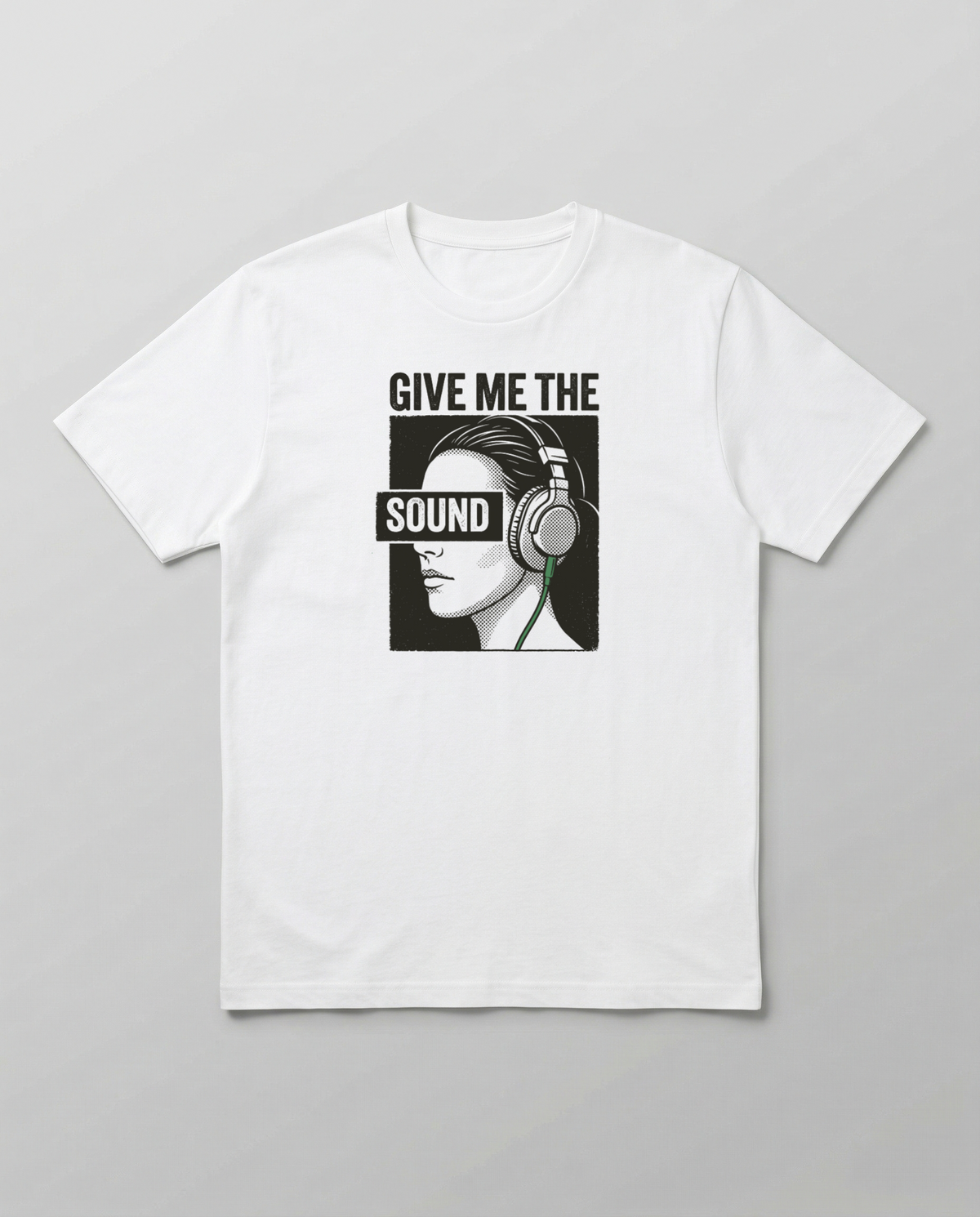 gravisk Give Me the Sound organic graphic tee. Engraving-style portrait in headphones, SOUND as a bar across the eyes.