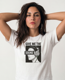 gravisk Give Me the Sound organic graphic tee. Engraving-style portrait in headphones, SOUND as a bar across the eyes.