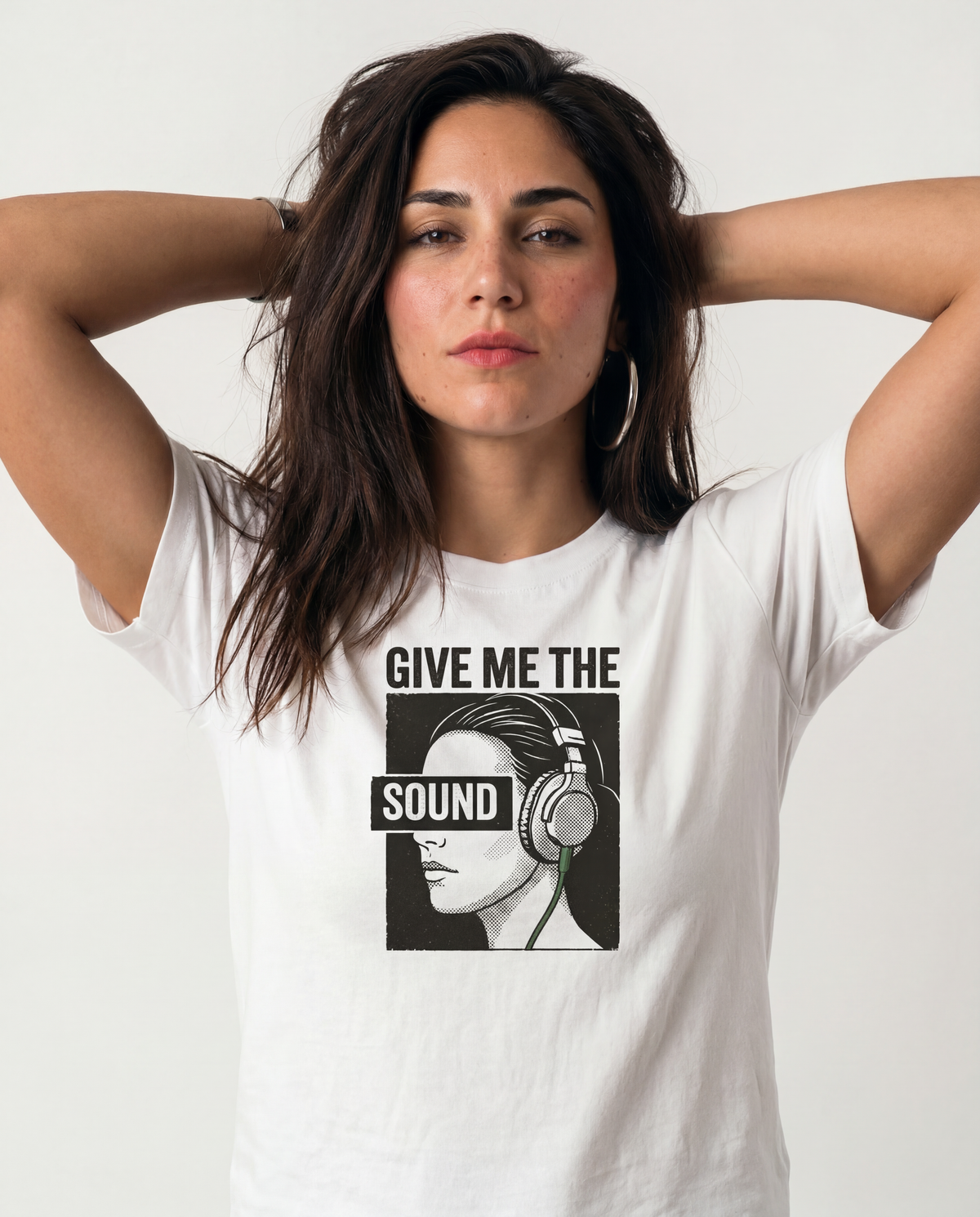 gravisk Give Me the Sound organic graphic tee. Engraving-style portrait in headphones, SOUND as a bar across the eyes.
