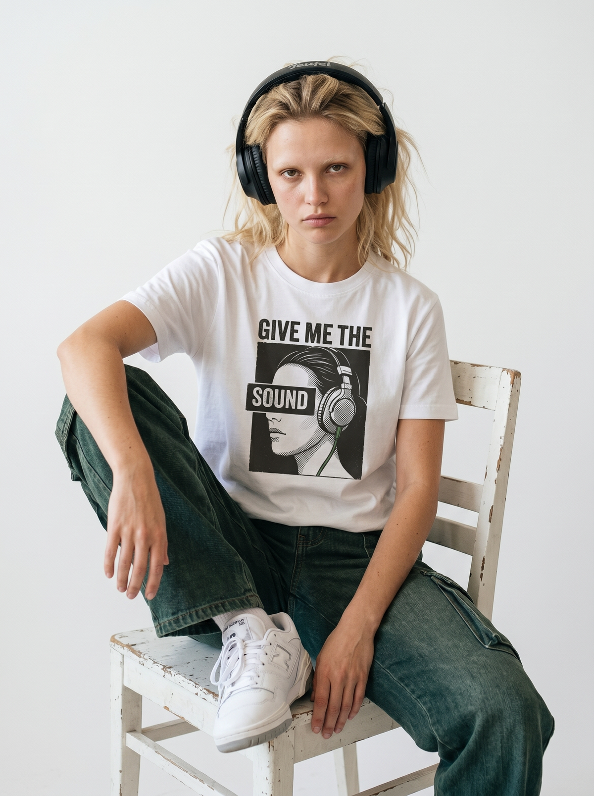 gravisk Give Me the Sound organic graphic tee. Engraving-style portrait in headphones, SOUND as a bar across the eyes.