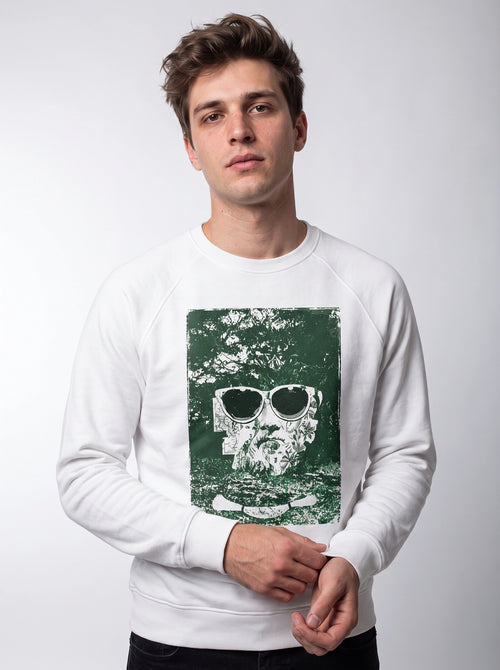 gravisk Hidden Garden graphic sweatshirt in organic cotton. Green collage portrait with flowers, textures and round sunglasses.