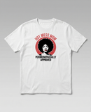 gravisk Hot Mess Mom organic graphic tee. Retro pop-art badge, a portrait in a red circle, PERIMENOPAUSALLY APPROVED.