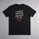 gravisk I Don't Need Your Applause organic graphic tee. A face dissolving into particles, only pink lips intact, Applause in script.