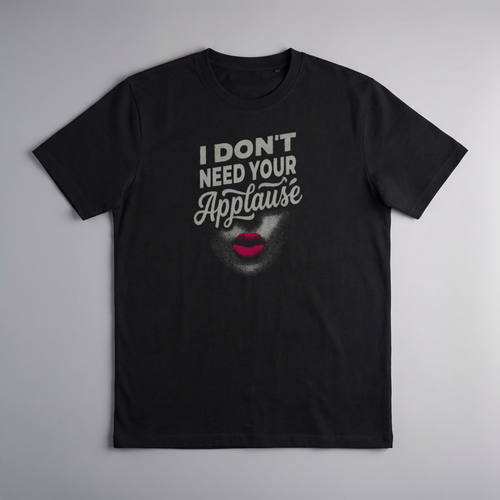 gravisk I Don't Need Your Applause organic graphic tee. A face dissolving into particles, only pink lips intact, Applause in script.