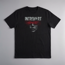 gravisk Introvert organic graphic tee. A face dissolving into grain, a red scribble across the eyes.
