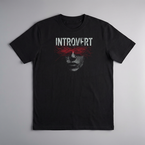 gravisk Introvert organic graphic tee. A face dissolving into grain, a red scribble across the eyes.