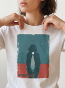 gravisk Introverting organic graphic tee. Worn teal and red poster of a faceless figure, hands in pockets, small INTROVERTING type.