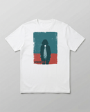 gravisk Introverting organic graphic tee. Worn teal and red poster of a faceless figure, hands in pockets, small INTROVERTING type.