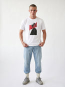 gravisk Introverting organic graphic tee. A tilted profile portrait cut by a red diagonal band reading INTROVERTING.