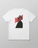 gravisk Introverting organic graphic tee. A tilted profile portrait cut by a red diagonal band reading INTROVERTING.